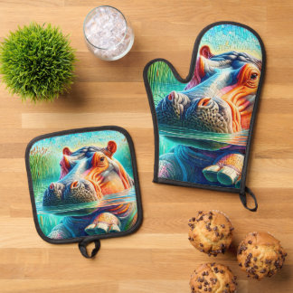 Bunter Flusspferd  Ofenhandschuh & Topflappen-Set