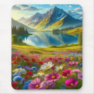Bunter Frühlings-/Blumen-See in den Bergen Mousepad