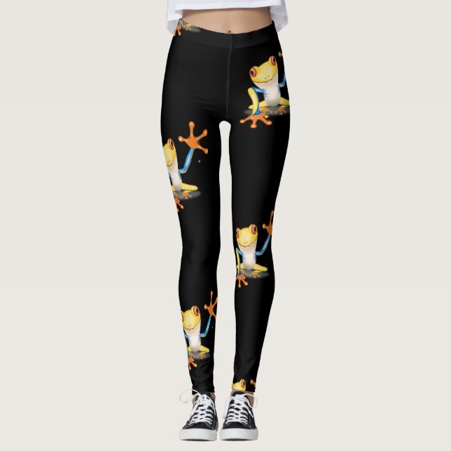 Bunter gelbes u. blaues Rot-mit Augen Baum-Frosch Leggings (Vorderseite)
