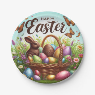 Bunter, glücklicher Osterkorb mit Eiern Pappteller