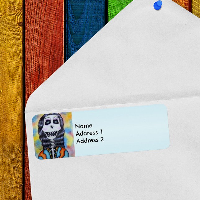 Bunter Glückstag des toten Skeletts (Day of Dead woman in blue and orange cape on colourful background on light blue return address label)