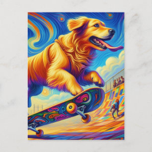Bunter Golden Retriever beim Skateboardfahren  Postkarte