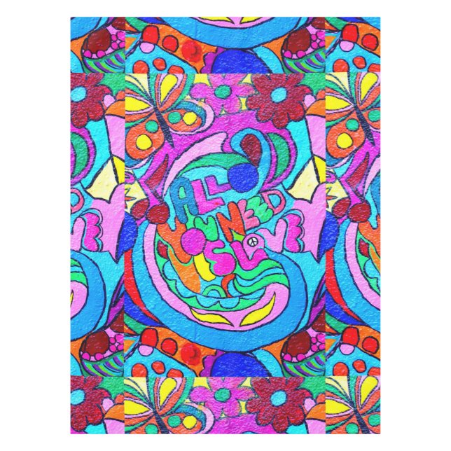 bunter groovy Frieden und Liebe Tischdecke (Vorderseite)
