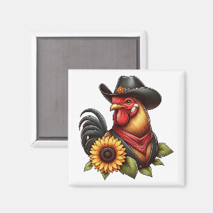 Bunter Hahn im Cowboyhut mit Sonnenblume Magnet