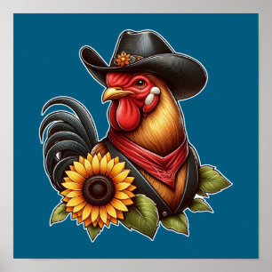 Bunter Hahn im Cowboyhut mit Sonnenblume Poster