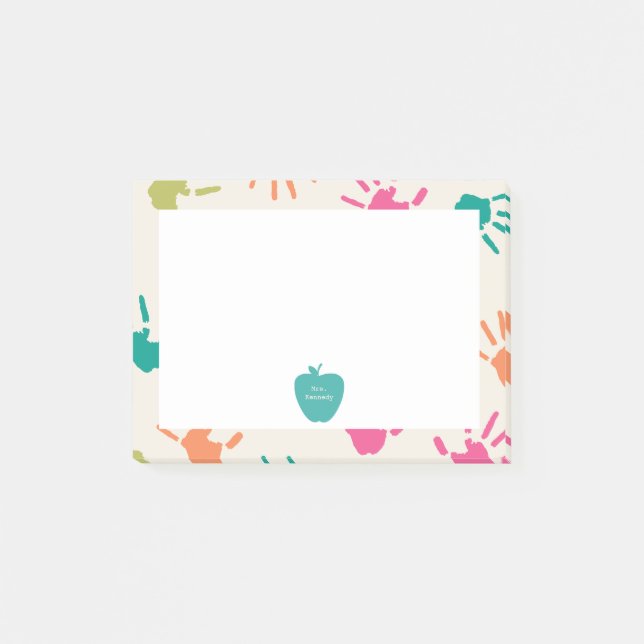 Bunter Handprints Lehrer Türkis-Apples Post-it Klebezettel (Vorderseite)
