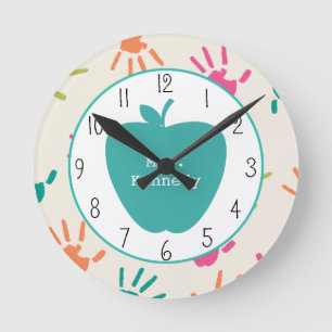 Bunter Handprints Lehrer Türkis-Apples Runde Wanduhr