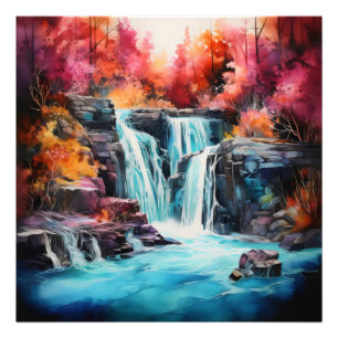 Bunter Herbstwald Wasserfall Fotodruck