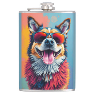 Bunter Hund mit Sonnenbrille Flachmann