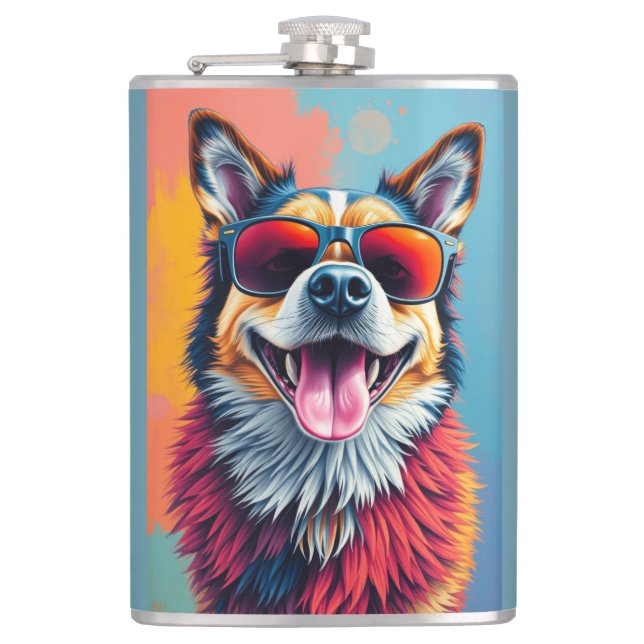 Bunter Hund mit Sonnenbrille Flachmann (Vorderseite)