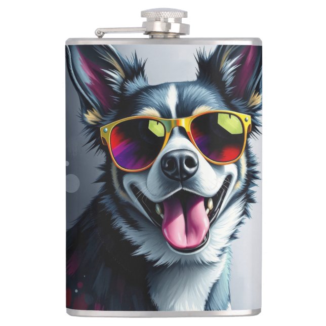 Bunter Hund mit Sonnenbrille Flachmann (Vorderseite)