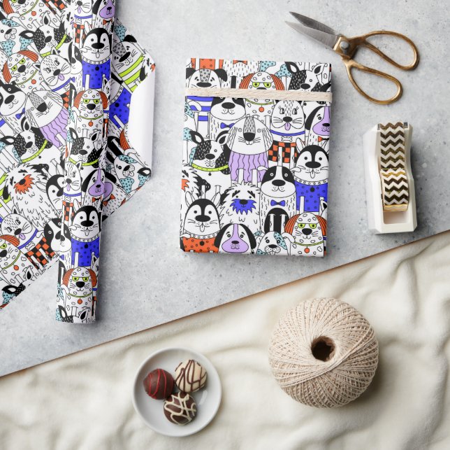 Bunter Hunde-Muster mit Menschenmenge Geschenkpapier (Kunsthandwerk)
