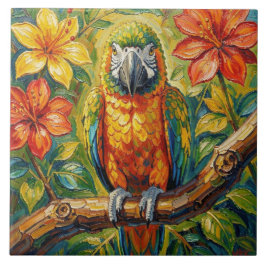 Bunter impasto-Papagei und tropische Blume Fliese