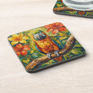 Bunter Impasto-Papagei und tropische Blume Getränkeuntersetzer