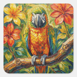 Bunter Impasto-Papagei und tropische Blume Quadratischer Aufkleber