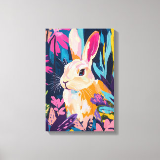 Bunter Kaninchen-Blumen-Wandkunst | Whimsical Bunn Leinwanddruck