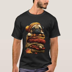 Bunter Mops ruht mit Herbstlaub Gemütlicher Herbst T-Shirt