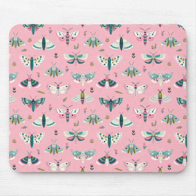 Bunter Mottengarten- rosa Muster mit Faltern Mousepad (Vorne)