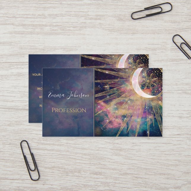 Bunter Nebel Gold Doodles Sun Moon Mandala Visitenkarte (Vorderseite/Rückseite Beispiel)