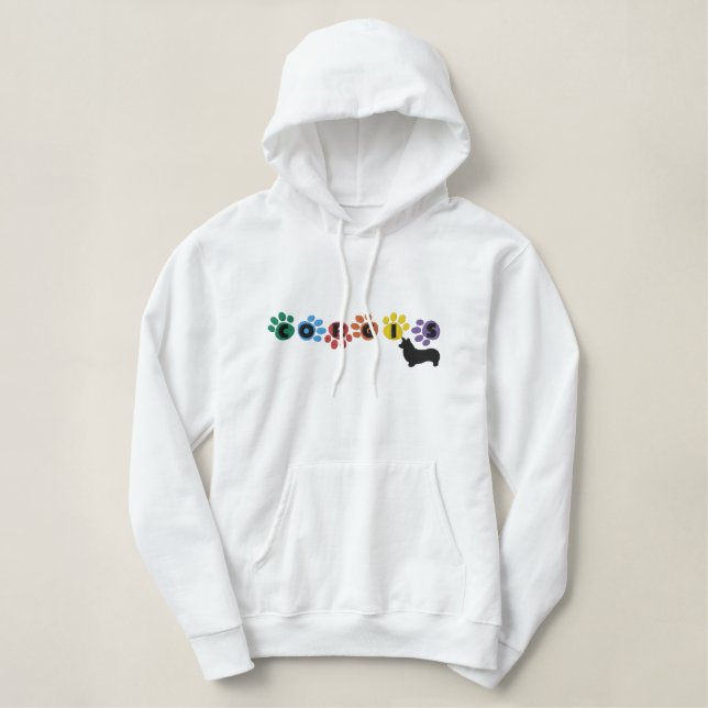 Bunter Pawprints Corgi Bestickter Hoodie (Design vorne)