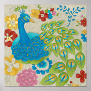 Bunter Pfau und Blumen Poster