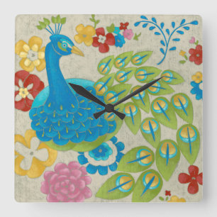 Bunter Pfau und Blumen Quadratische Wanduhr