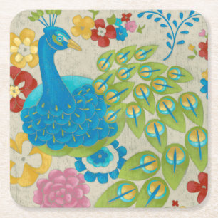 Bunter Pfau und Blumen Rechteckiger Pappuntersetzer