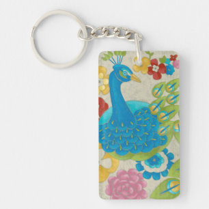 Bunter Pfau und Blumen Schlüsselanhänger