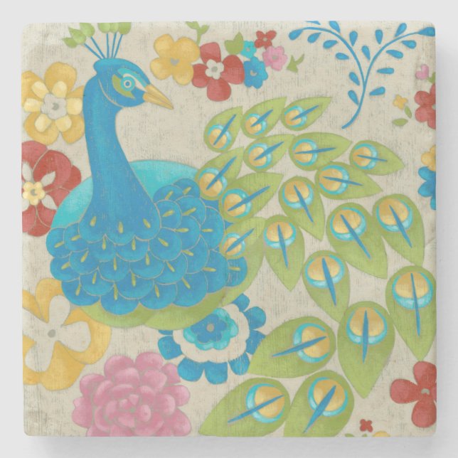 Bunter Pfau und Blumen Steinuntersetzer (Vorderseite)