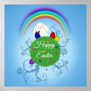 Bunter Planet & Regenbogen Süßer Hase Frohe Ostern Poster