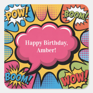 Bunter Pop-Art-Geburtstag für Mädchen Quadratischer Aufkleber