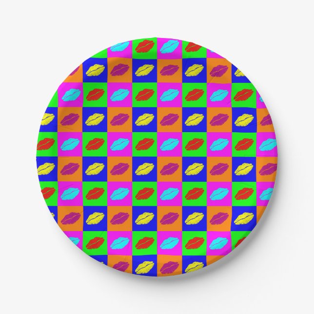Bunter Popkunst-Lippenstiftkuß Pappteller (Vorderseite)