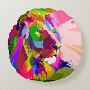 Bunter, prismatischer Pop-Art-Löwe Rundes Kissen