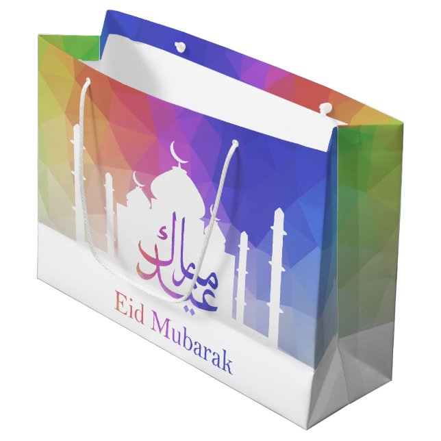 Bunter Regenbogen polygonales Eid - große Geschenktüte (Vorderseite Schrägansicht)