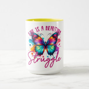 Bunter Schmetterling mit aufmunterndem Lebensmotto Tasse