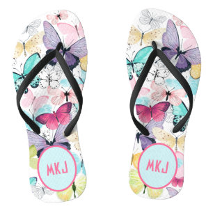 Bunter Schmetterling Rosa, Blau, Lila Monogramm Flip Flops