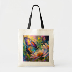 Bunter Schmetterling und Wildblumen bei Sonnenaufg Tragetasche