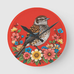 Bunter Vogel auf Ast eingerahmt mit Blumen Runde Wanduhr