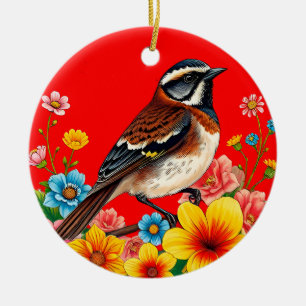 Bunter Vogel auf Blumen sitzend Keramik Ornament