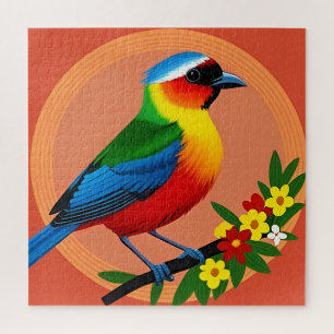 Bunter Vogel auf lebendigen Blumen sitzend