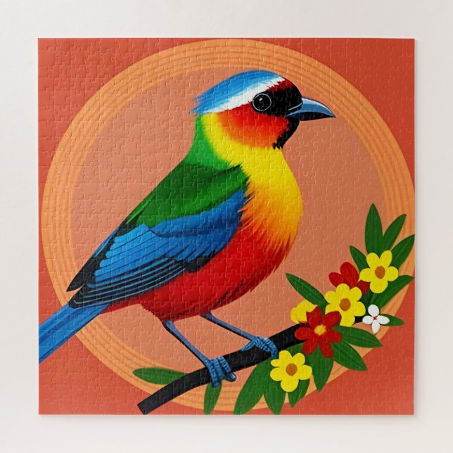 Bunter Vogel auf lebendigen Blumen sitzend (Vertikal)