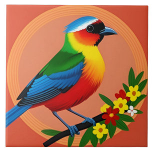 Bunter Vogel auf lebendigen Blumen sitzend Fliese