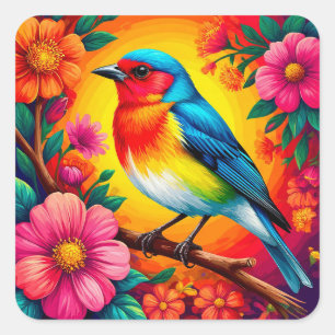 Bunter Vogel auf lebendigen Blumen sitzend Quadratischer Aufkleber