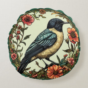 Bunter Vogel in einem floralen Design Rundes Kissen