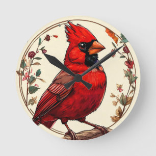 Bunter Vogel mit floralem Rahmen Runde Wanduhr