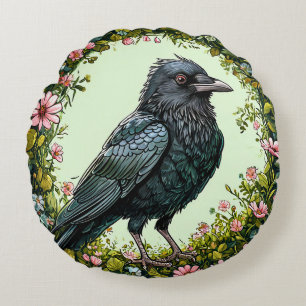Bunter Vogel mit floralem Rahmen Rundes Kissen