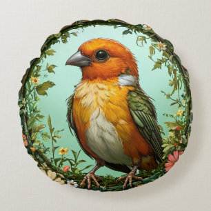 Bunter Vogel mit floralem Rahmen Rundes Kissen