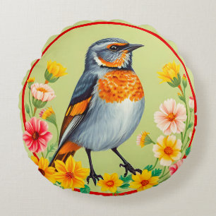 Bunter Vogel unter blühenden Blumen Naturgarten Rundes Kissen