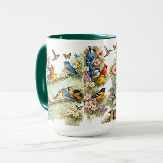 Bunter Vogelgarten Florale Kunst Combo Kaffeetasse (Vorderseite Links)