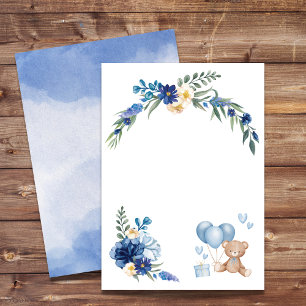 Bunter Wasserfarben-Blumen-Teddybär Blaue Ballon  Einladung